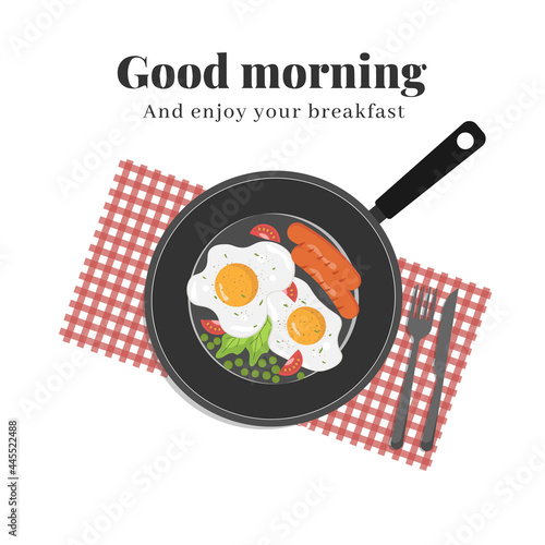Good morning breakfast design. Breakfast in a skillet with egg  salad  tomatoes  green peas and sausages. Vector illustration for banner  flyer  poster  menu.