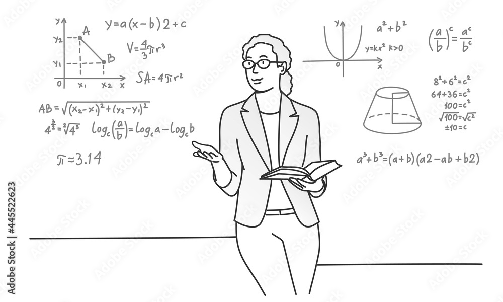 Female teacher with glasses and a book explains mathematics. Female teacher with glasses and a book explains mathematics.