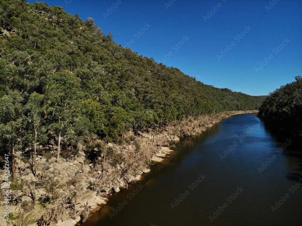 Drone photo of the Nepean Gorge on the Nepean River west of Sydney, New South Wales, Australia. The gorge is located south of the western suburb of Penrith.