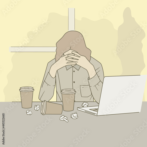 hand drawn illustration of depressed woman in office