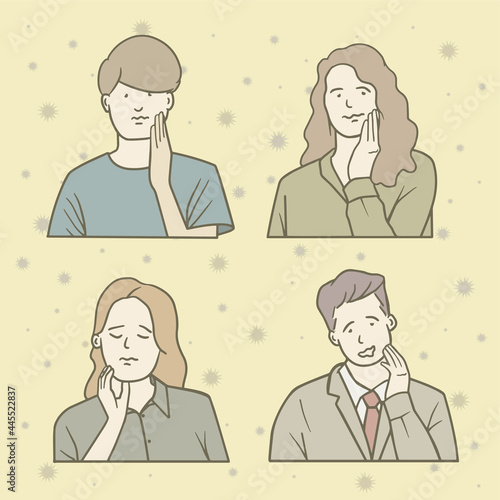 Group of people with hand on cheek due to toothache. hand drawn art style