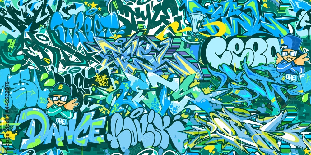 Abstract Blue Urban Graffiti Street Art Seamless Pattern. Vector Illustration Background Art