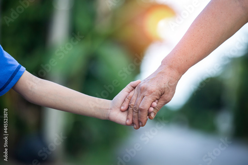 Parents holding little children's hands at sunset