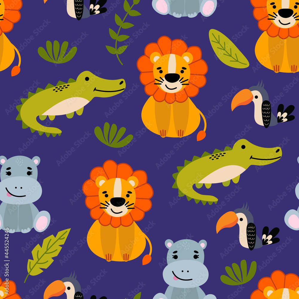 Naklejka premium Seamless pattern with cute hand-drawn animals. Lion, hippo, crocodile and toucan. Design for fabric, textile, wallpaper, packaging, nursery decoration.