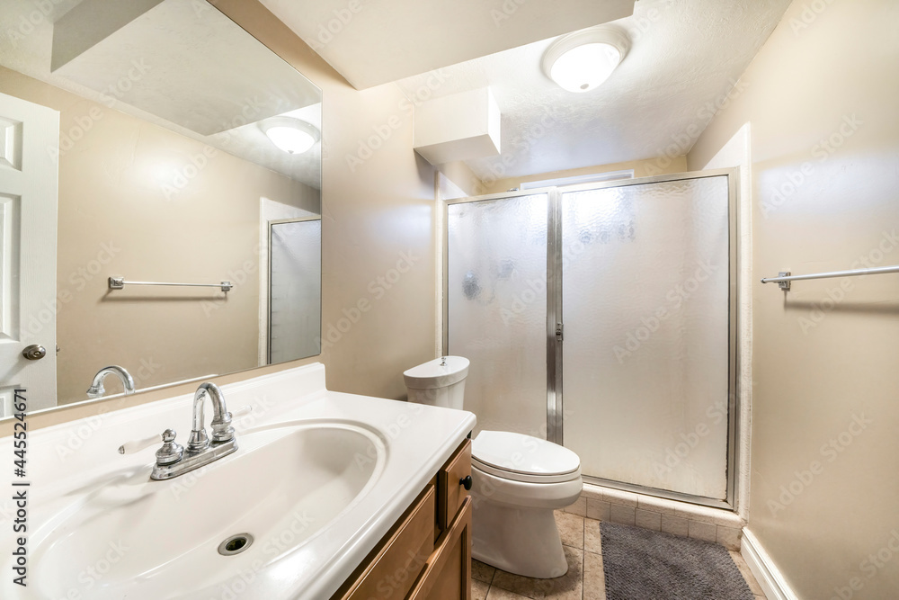 Bathroom interior with vanity unit and shower stall with textured glass enclosure Bathroom interior with vanity unit and shower stall with textured glass enclosure