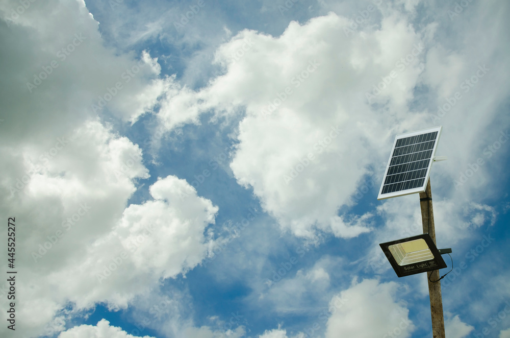 Street lighting pole with photovoltaic panel and LED lamp lights. Street lighting pole with photovoltaic panel and LED lamp lights.