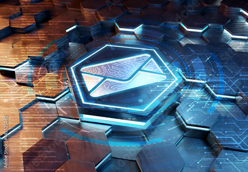 Email icon concept engraved on hexagonal pedestral background. Mail Logo glowing on abstract digital surface. 3d rendering