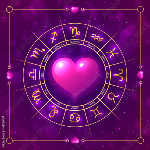 Love horoscope layout with zodiac signs in wheel. Astrology prediction banner, poster, card, background with glowing astrological symbols and pink heart inside vector illustration