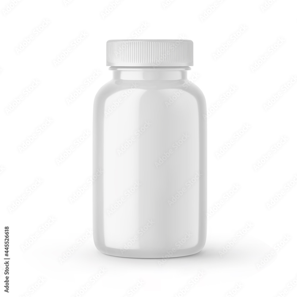 White blank medical pill bottle with cap mockup. Round medicine plastic jar, pharmaceutical container, supplements packaging 3d vector realistic illustration isolated on white background. White blank medical pill bottle with cap mockup. Round medicine plastic jar, pharmaceutical container, supplements packaging 3d vector realistic illustration isolated on white background.