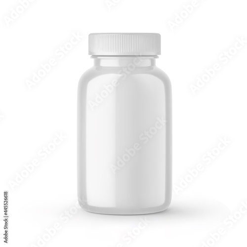 White blank medical pill bottle with cap mockup. Round medicine plastic jar, pharmaceutical container, supplements packaging 3d vector realistic illustration isolated on white background.