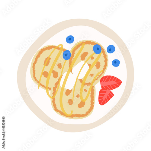 Pancakes with butter and maple syrup. Flat hand drawn textured breakfast plate. Cute sweet american crepes with berries. Homemade and delicious morning snack.