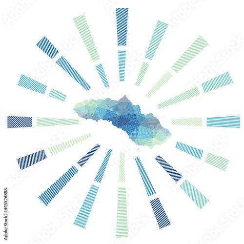 Sumba sunburst. Low poly striped rays and map of the island. Artistic vector illustration.