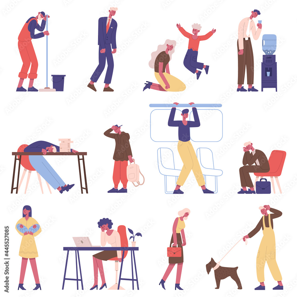 Naklejka premium Tired people. Sleepy exhausted male and female characters, burnout office workers, student and parents vector illustration set. Depressed tired people