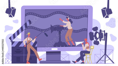 Movie industry concept. Cinematography cinema production, film shooting team isolated vector background illustration. Filmmaking concept scene