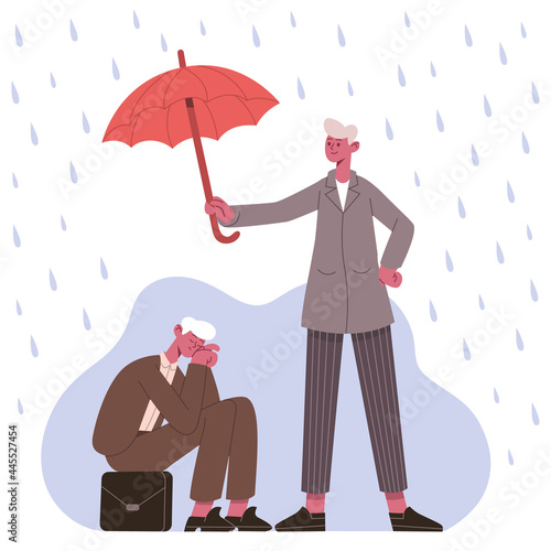 Psychological support concept. Therapist or friend protecting patient from depression under umbrella vector illustration. Psychotherapy support metaphor