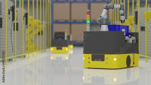 Factory 4.0 concept: The AGV (Automated guided vehicle) with COBOT is carrying parts in smart factory. 3D illustration photo
