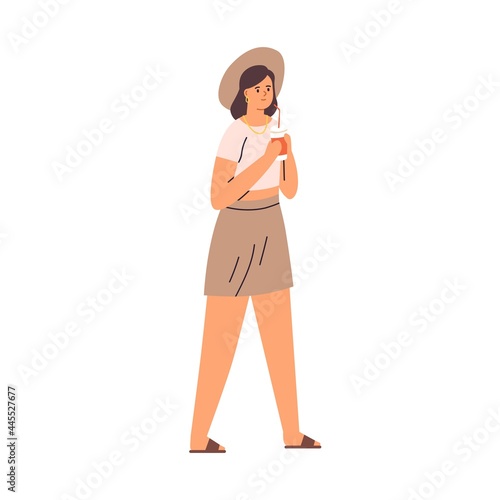 Young woman in summer clothes and hat walking and drinking cold refreshing takeaway beverage. Tourist strolling with cocktail cup and straw. Flat vector illustration isolated on white background