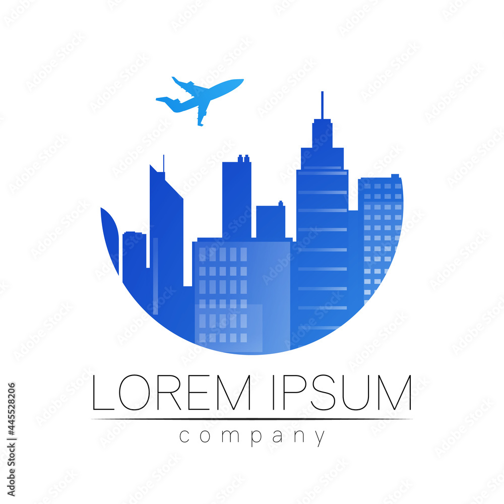 Obraz premium Real Estate Vector Logog with City and Skyline icons. Illustration for Brand Company Identity Concept Design Symbol with airplane