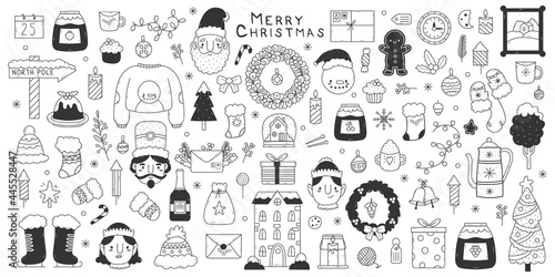 Christmas doodle elements. Winter holidays hand drawn Santa, snowflakes, gifts and snowman vector illustration set. Cute Christmas doodle symbols