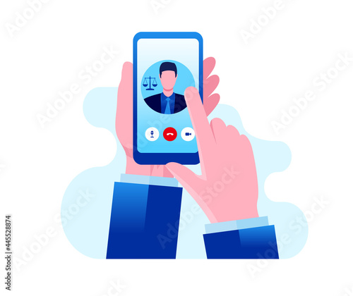 Online lawyer consultation with smartphone. Illustration for landing page website flat vector template 