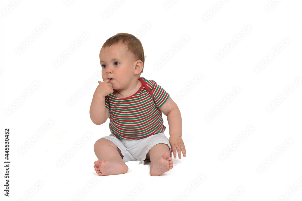 Ten month old baby sitting on the floor with finger in mouth on white background Ten month old baby sitting on the floor with finger in mouth on white background