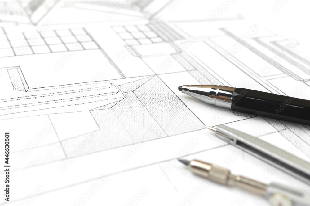 Working in office with blueprints, workplace with architectural plan and paper blueprints. Construction project concept photo Working in office with blueprints, workplace with architectural plan and paper blueprints. Construction project concept photo