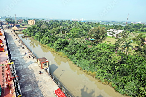 Various views of the port, piers, terminal of the Port of Haldia, India, October, 2020. photo