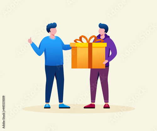 Man giving a gift box. Flat vector illustration.
