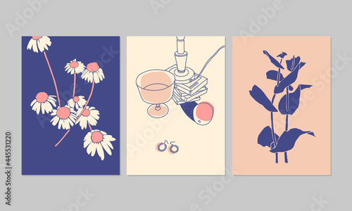 Colorful aesthetic posters or greeting cards. Set of modern illustrations. Can be used for interior decor, wall art, tote bag, t-shirt print.