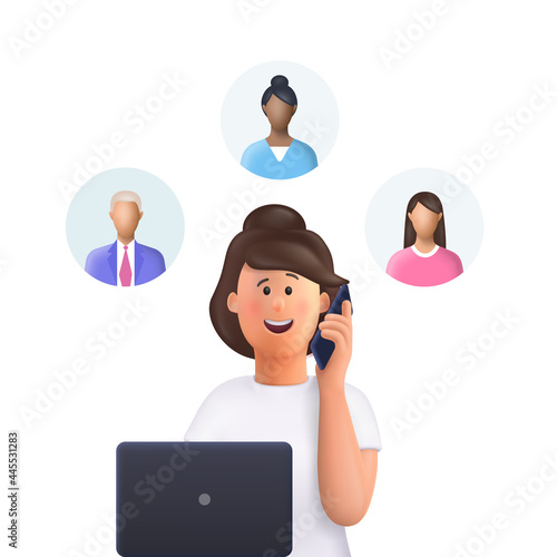 Young woman Jane at a meeting. Assignment of tasks, scram, meeting, job delegation. Manager works with computer and phone. 3d vector illustration.