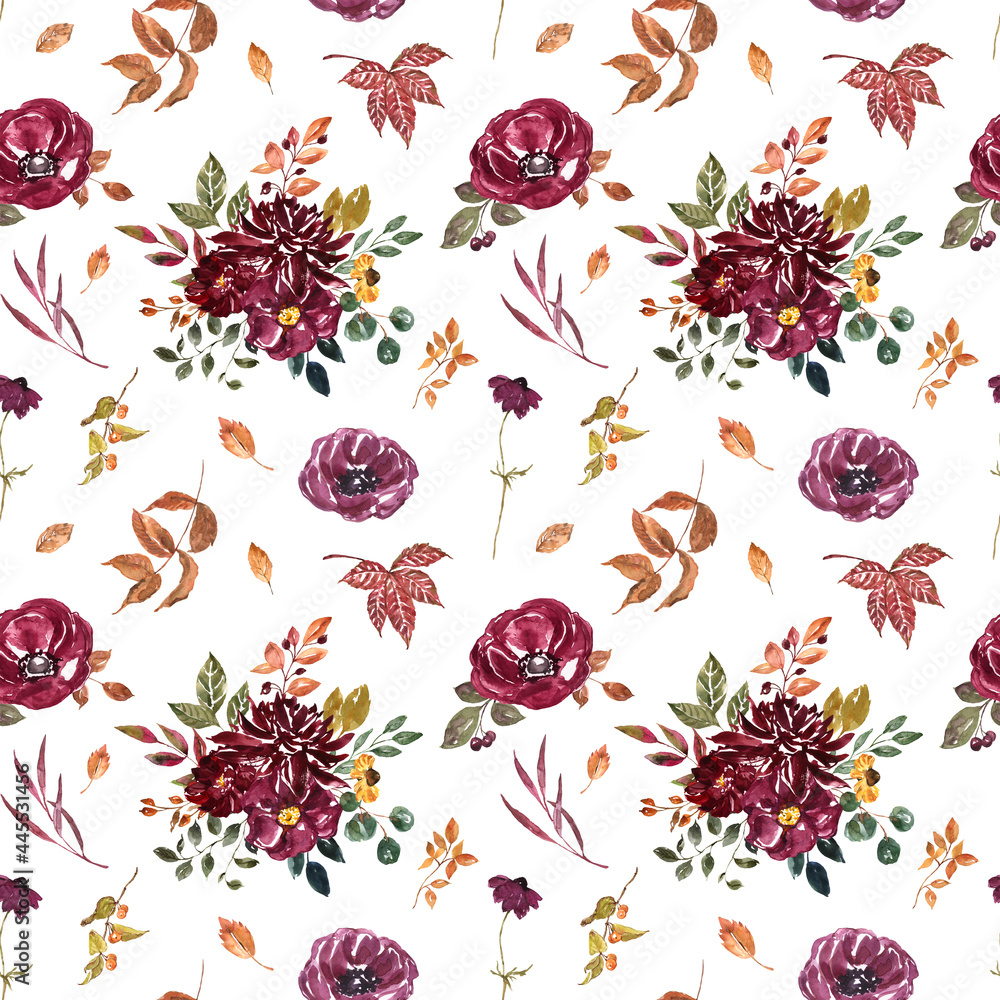 Beautiful jewel toned fall flowers and leaves seamless pattern