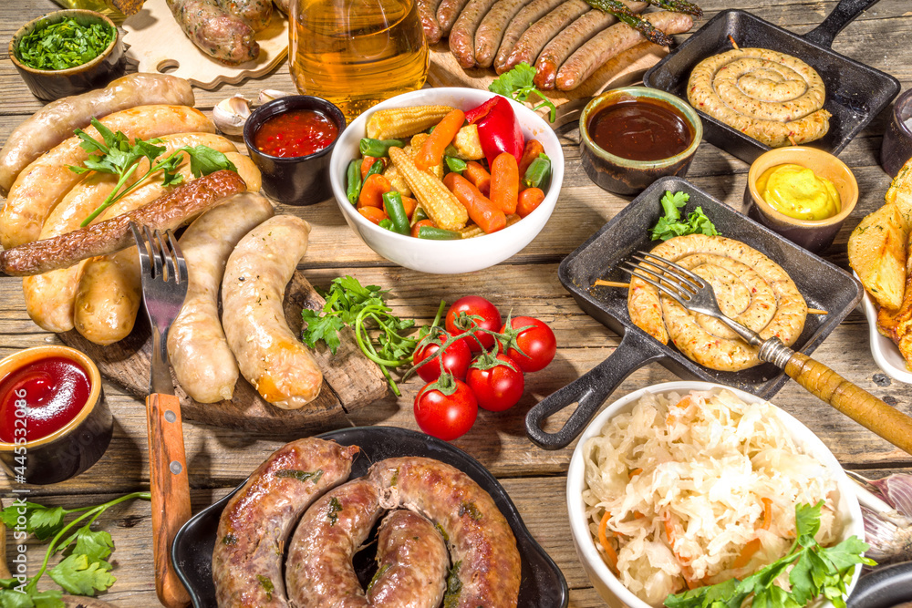 Assortment different fried sausages Assortment different fried sausages