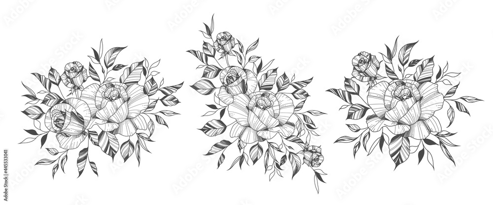 Hand Drawn Rose Flowers Arrangements Tattoo Style