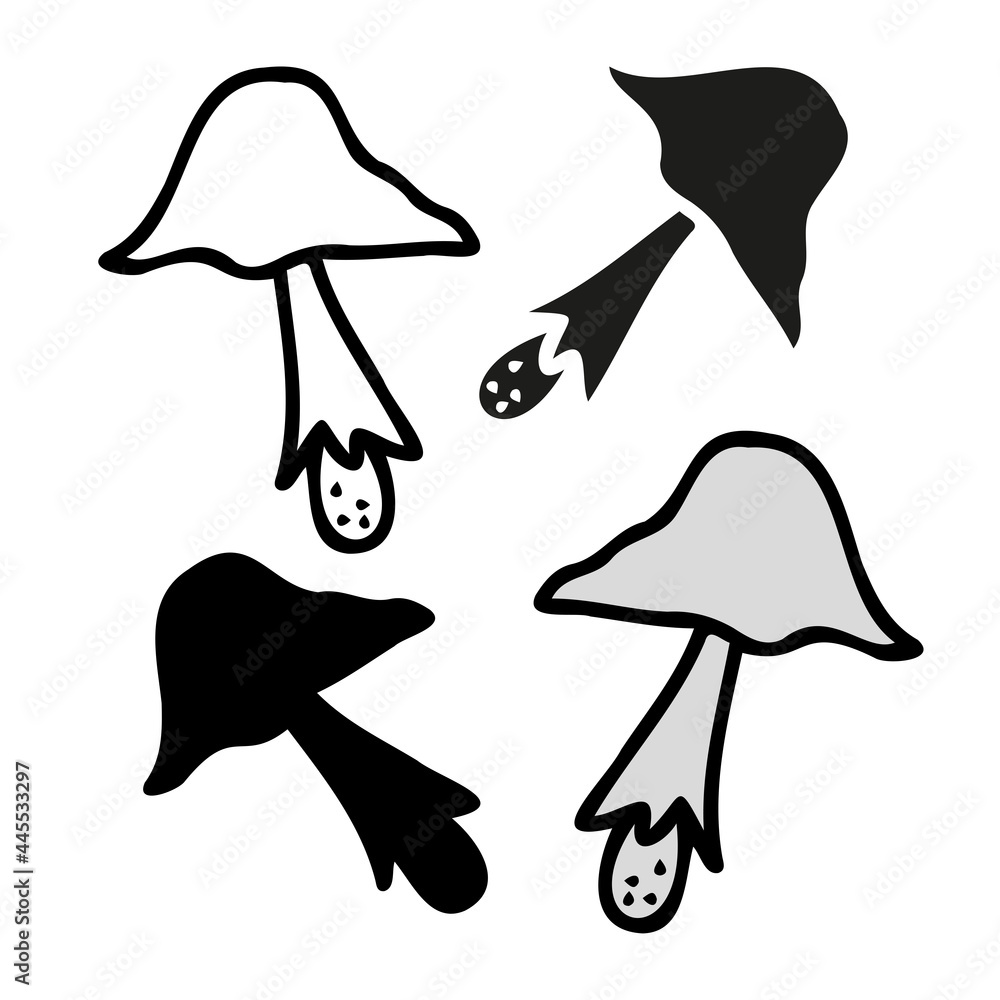 Vector isolated black and white design of abstract mushroom lined and silhouette Vector isolated black and white design of abstract mushroom lined and silhouette