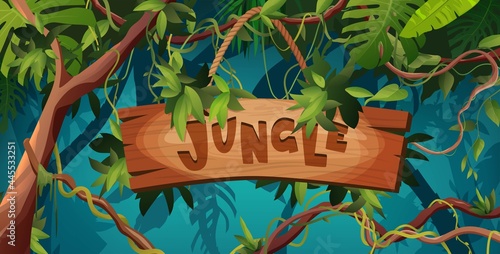 Jungle hand lettering wooden text. Textured cartoon letters. Liana or vine winding branches. Rainforest tropical climbing plants.