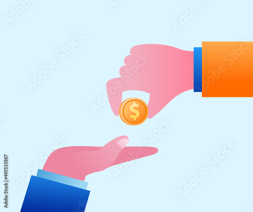 Hand give a coin to another hand. reward concept flat vector illustration 