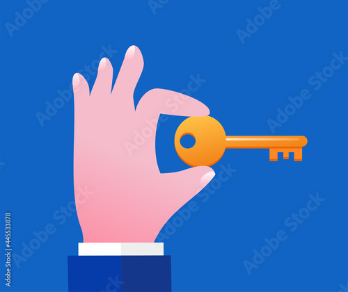 Hand with a key on dark blue background. Flat vector illustration