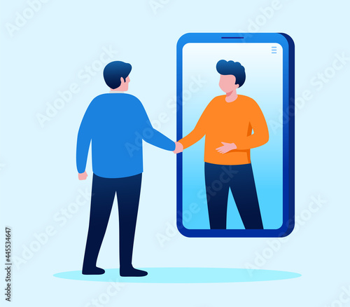 Virtual meeting and meetup with technology mobile phone. teleconference flat vector illustration fit for banner, flyer, landing page, etc