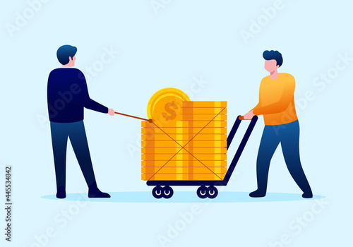 People pulling gold coins. Profit and revenue concept. landing page illustration flat vector template 