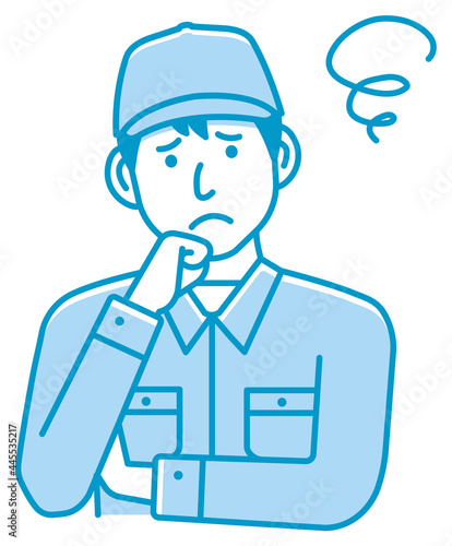 Male blue collar worker gesture illustration | thinking, worried, trouble