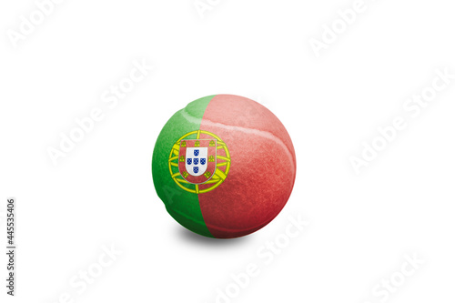 Tennis ball with the coloured national flag of Portugal on the white background