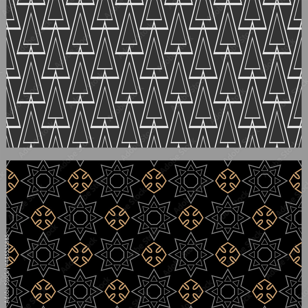 Fototapeta premium Geometric background patterns with decorative elements. Set. Suitable for decorating book covers, posters, wallpapers, invitations, postcards. Seamless pattern, texture. Vector image