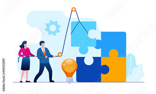 People with puzzle representing teamwork business flat vector illustration banner and landing page