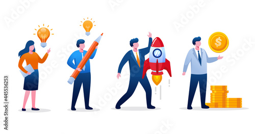 People are building startup concept. Teamwork and development business. Flat vector illustration
