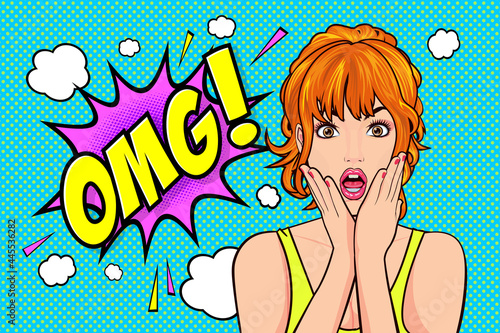 Pop Art Girl With Shocked Surprised Face With Saying Omg Background Pop Art Comics Style