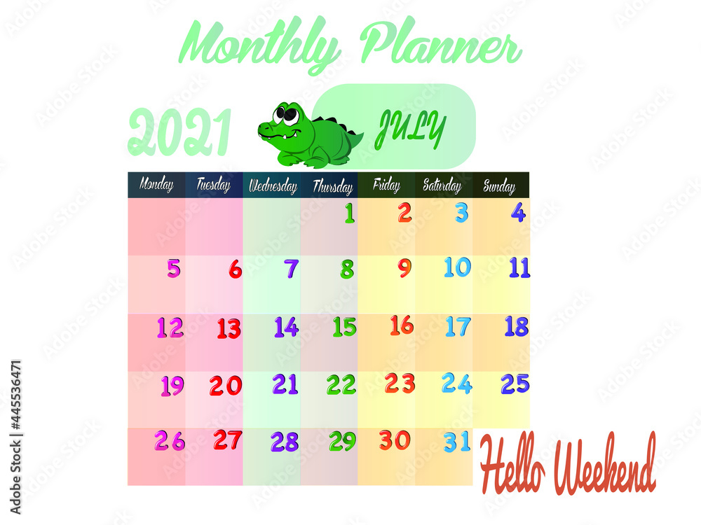 July Calendar template for the 2021 year. monthly planner. Cute ...