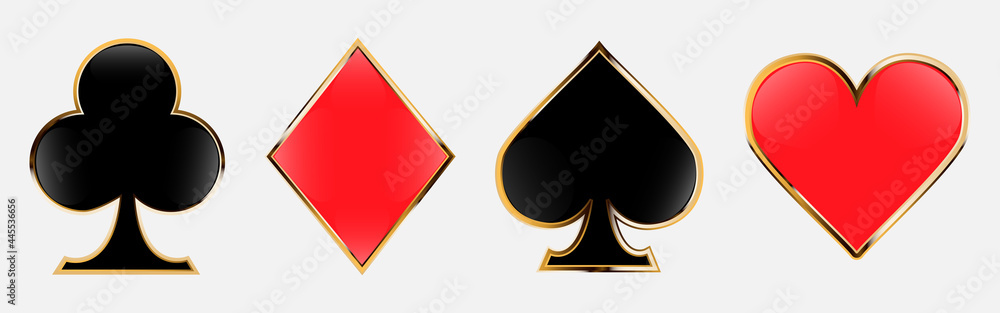 Suit deck of playing cards with golden outline. Design for playing poker and casino. Vector illustration isolated on white background - obrazy, fototapety, plakaty 