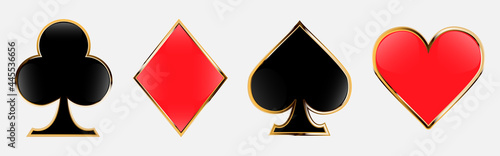 Suit deck of playing cards with golden outline. Design for playing poker and casino. Vector illustration isolated on white background