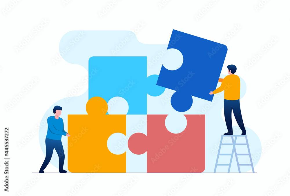People with puzzle representing teamwork business flat vector illustration banner and landing page