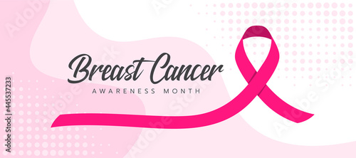 Breast cancer awareness month text and pink ribbon sign on abstract curve sharp and circles dot texture background vector design